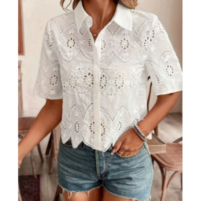 Femmes blanc chemise élégante mode crochet fleur creux à manches courtes hauts chemises