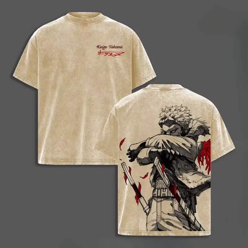 Hawks Manga T-shirt imprimé My Hero Academia Anime Vintage lavé surdimensionné