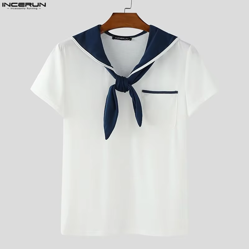 INCERUN hommes t-shirt Patchwork été col marine à manches courtes