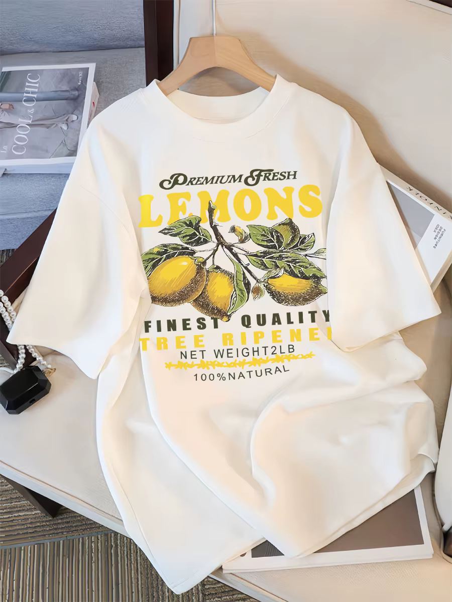 Citrons Fruits Premium frais impression t-shirt femme ample coton vêtements de sport col rond décontracté t-shirts