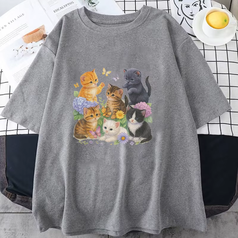 T-shirts à manches courtes avec imprimé chaton vintage mignon