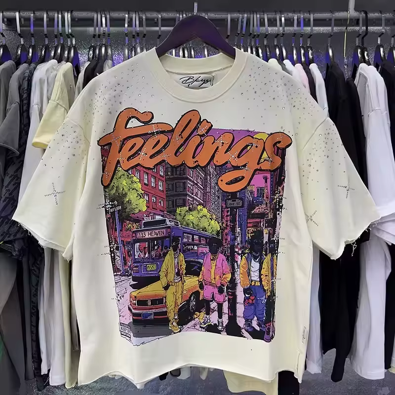 T-shirt court unisexe en molleton French Terry vert abricot avec imprimé graphique streetwear et strass
