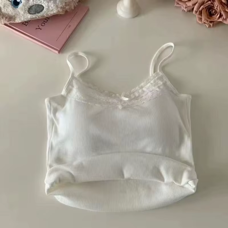Femmes Camisole débardeurs Sexy nœud sans manches haut Corset avec coussin de poitrine doux dentelle Patchwork culture hauts été mince élégant Camis