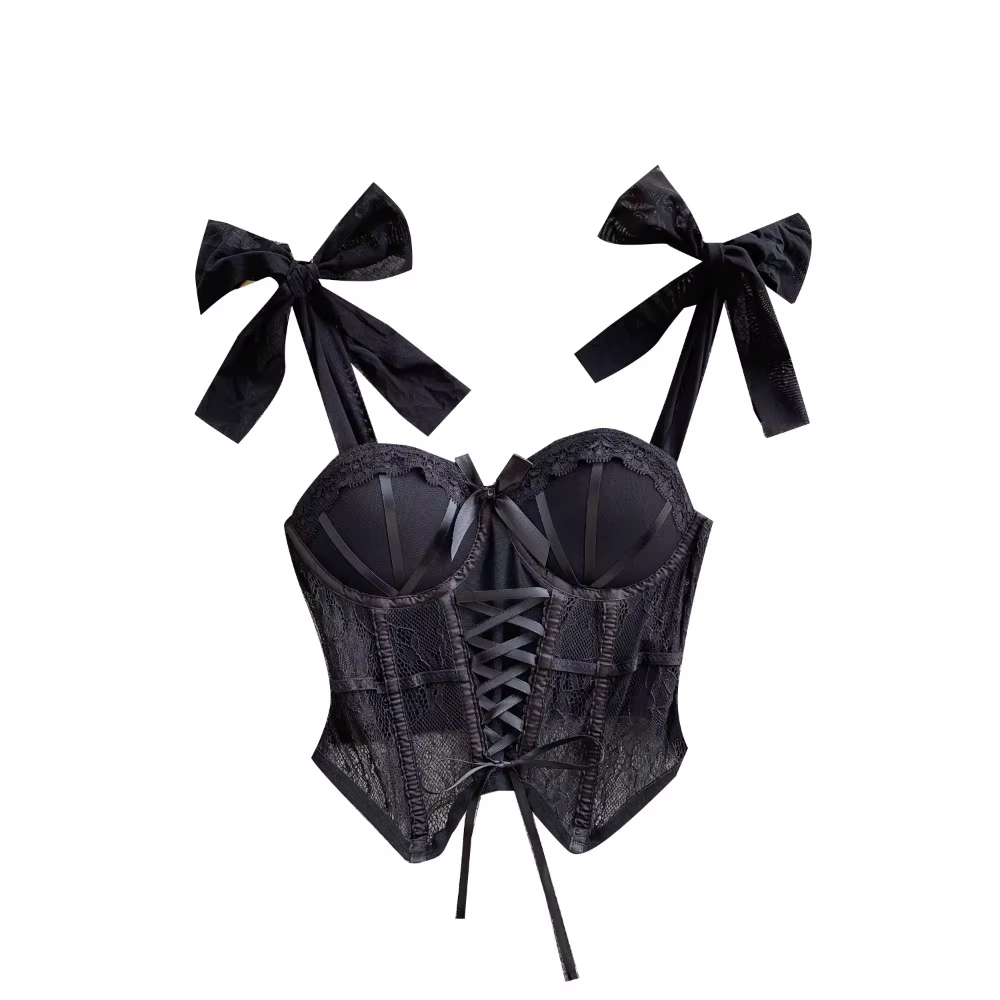 Spaghetti sangle débardeur pour femmes sans bretelles intégré soutien-gorge dentelle patchwork Tulle nœud Camis été