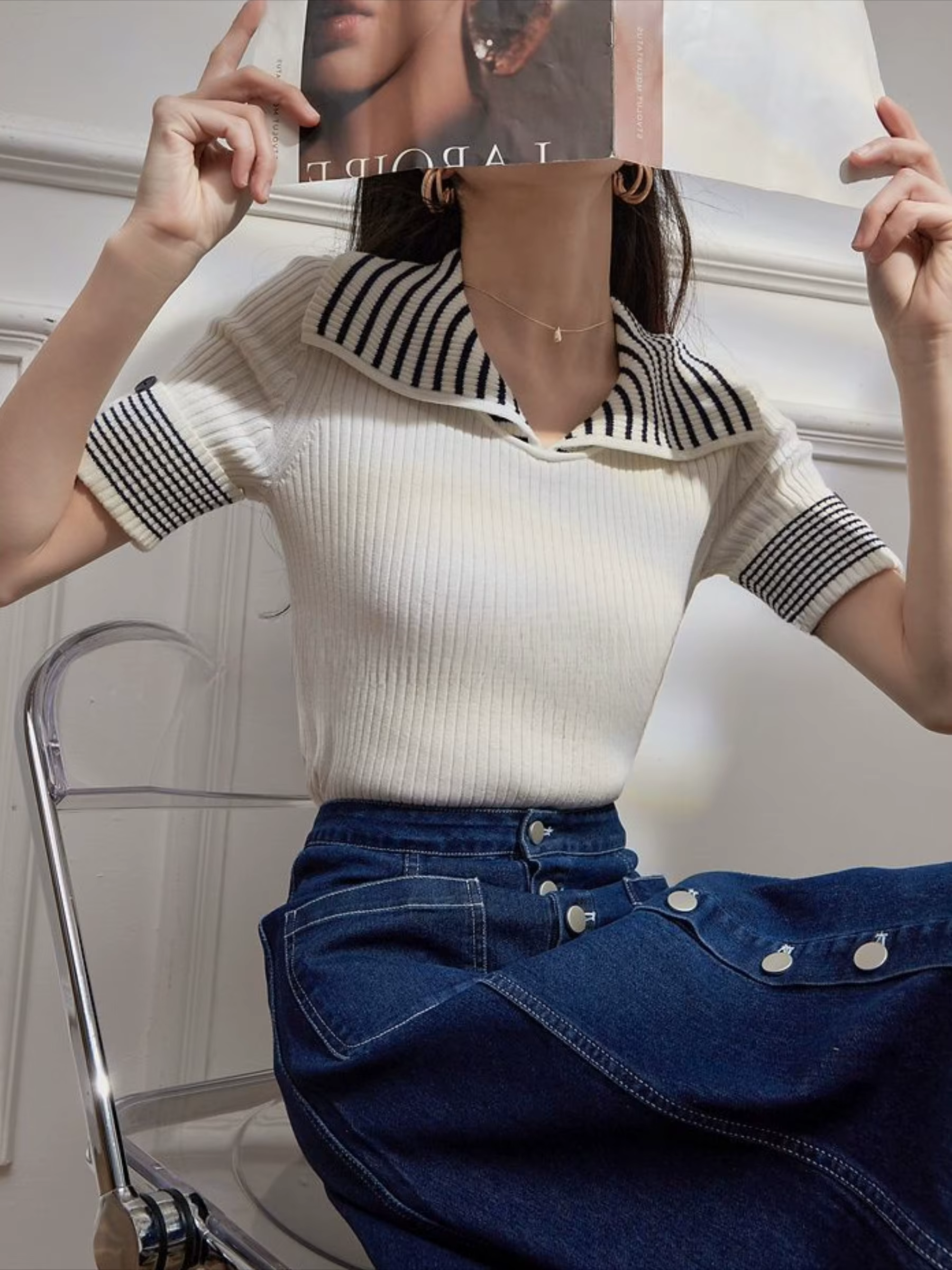 Pull à col polo uni pour femme