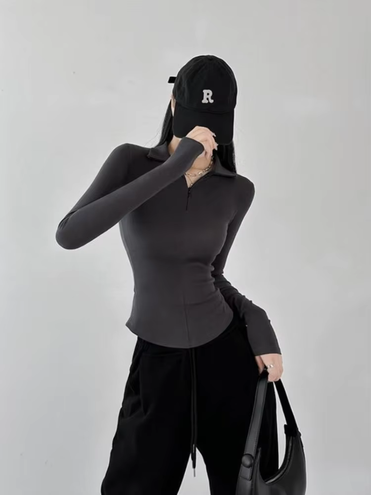 Fermeture éclair col Polo t-shirt pour femmes plaine mince printemps automne coréen vêtements femme