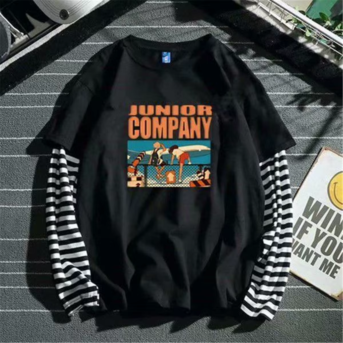 Cool rayé Patchwork T-Shirt hommes automne surdimensionné hauts garçons solide à manches longues