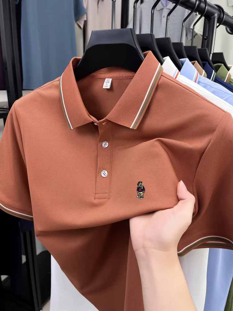 Marques de luxe été manches courtes polo chemise mode nouvelle exquise dessin animé ours broderie hommes décontracté confort respirant T-shirt