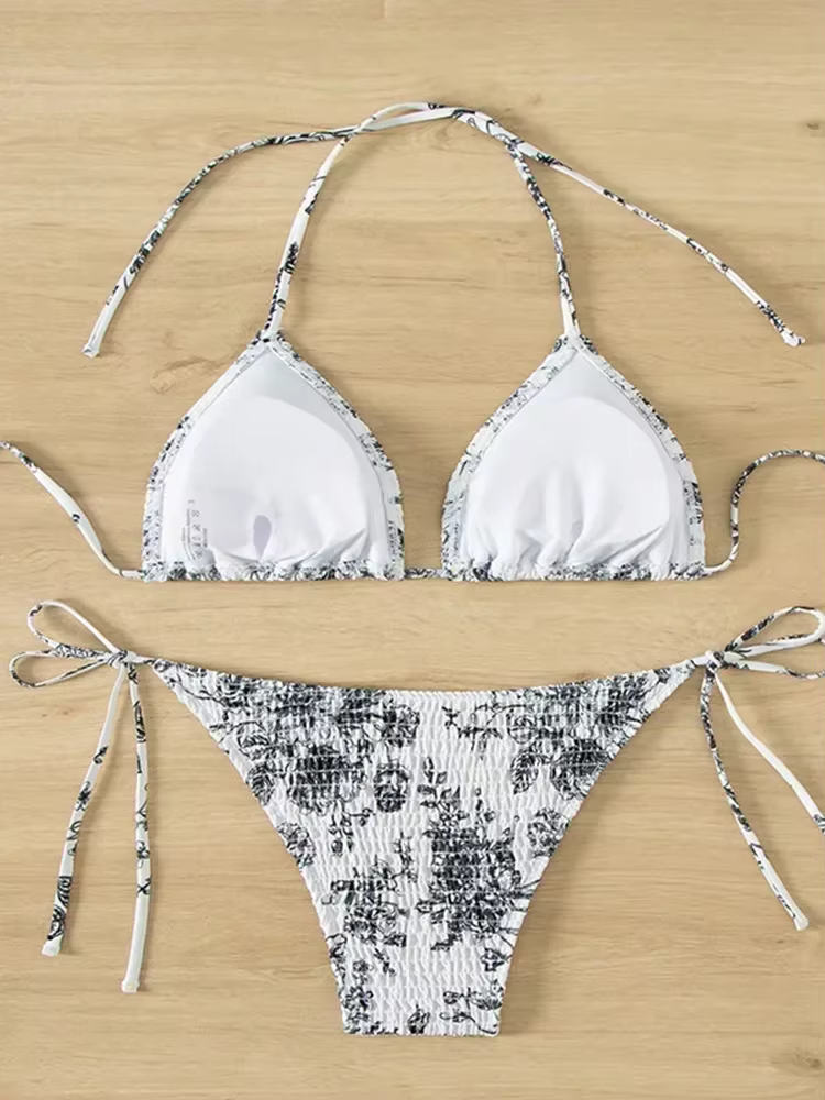 Sexy Floral Bikini 2 pièces ensemble femmes mode à lacets maillot de bain fendu dos nu plage Bikinis 2025 nouveau