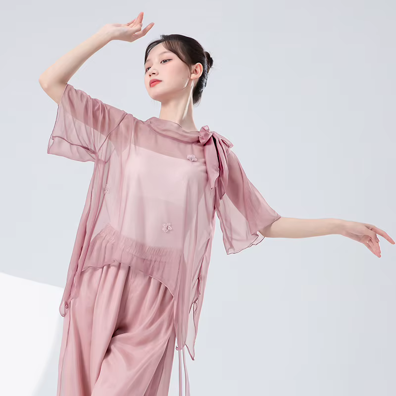 Haut de danse classique pour femmes, élégant, col noué, manches courtes, chemise transparente, décor floral, Smock, vêtements d'entraînement, chemisiers de Performance