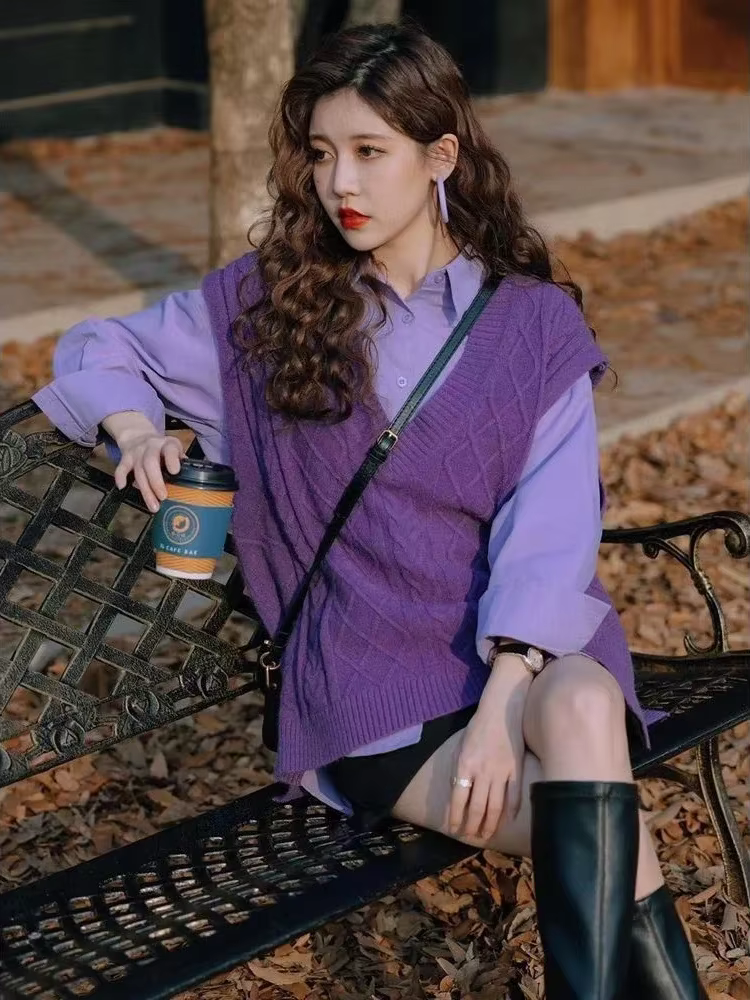 Gilet violet col en v dame chandails pull ample tricot gilets pour femmes sans manches Style coréen vêtements élégant tendance 2025