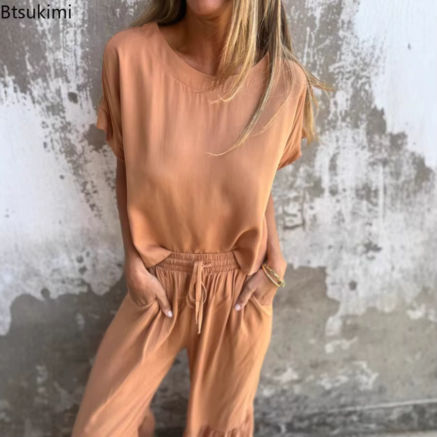 Nouveaux ensembles 2 pièces pour femmes : T-shirts amples à manches courtes et pantalons longs à volants