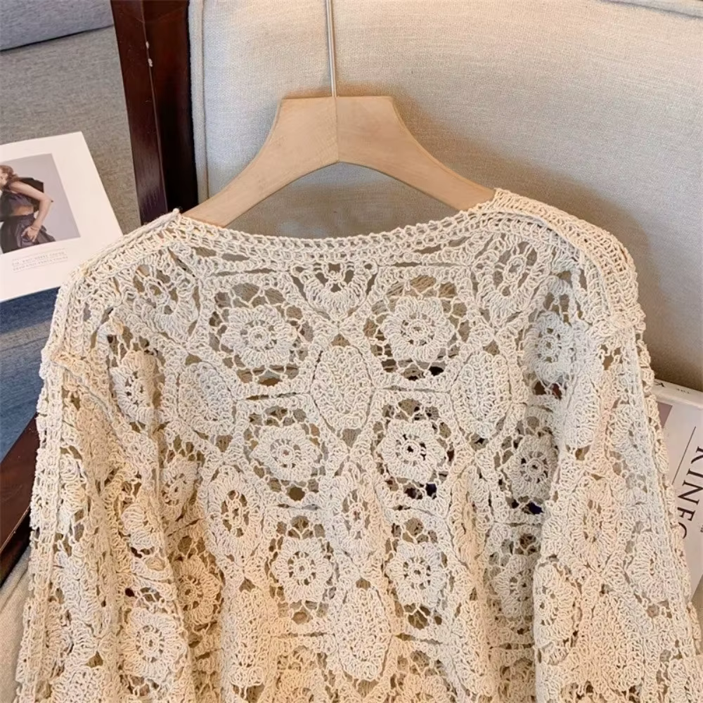 Cardigan en maille ajourée style bohème à manches 3/4 pour femme
