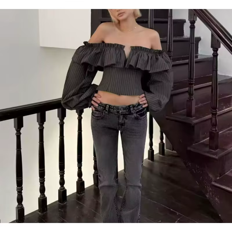 Chemisier Rétro Français Rayé à Manches Longues pour Femme – Tendance Automne