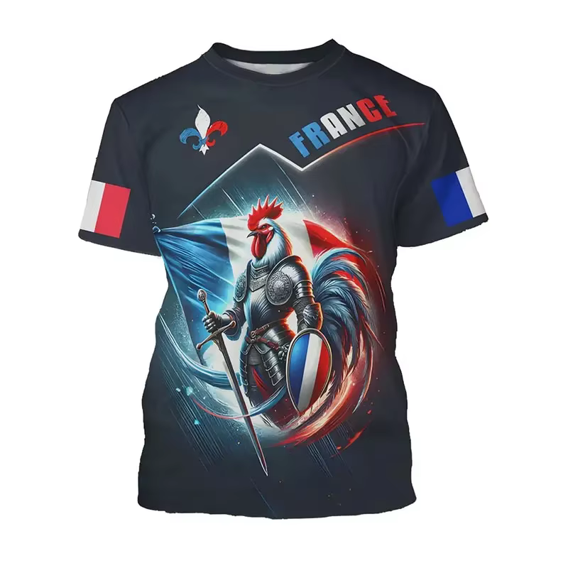 T-shirt Homme Oversize à Manches Courtes Imprimé Drapeau Rétro France & Coq Gaulique – Style Football Chic