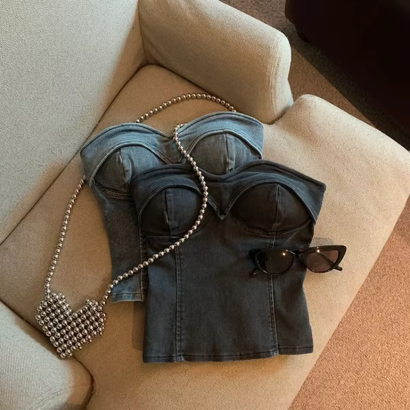 Débardeurs de mode américaine avec soutien-gorge intégré tout-puissant décontracté Denim haut Corset femmes jean Camis hauts Spaghetti sangle livraison directe