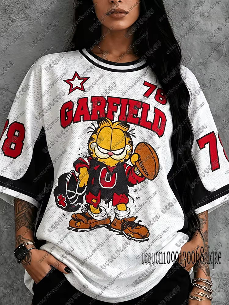 T-shirt d'été à motif de dessin animé Garfield pour femmes