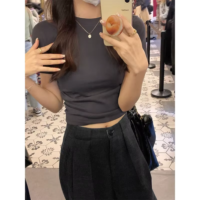 T-Shirt à manches courtes et col rond pour femmes, polyvalent, coupe cintrée, couche inférieure, vêtements d'extérieur