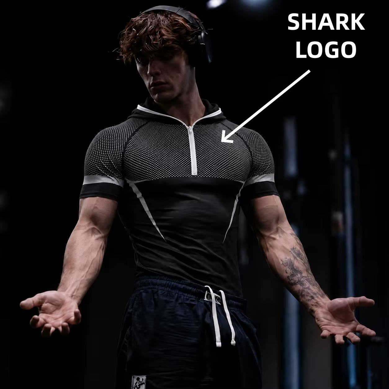 T-shirt à capuche GYM ONYX V5, combinaison de fitness avec logo en silicone SHARK, haut d'entraînement pour sports de plein air, haut à capuche à manches courtes pour la course à pied et le fitness