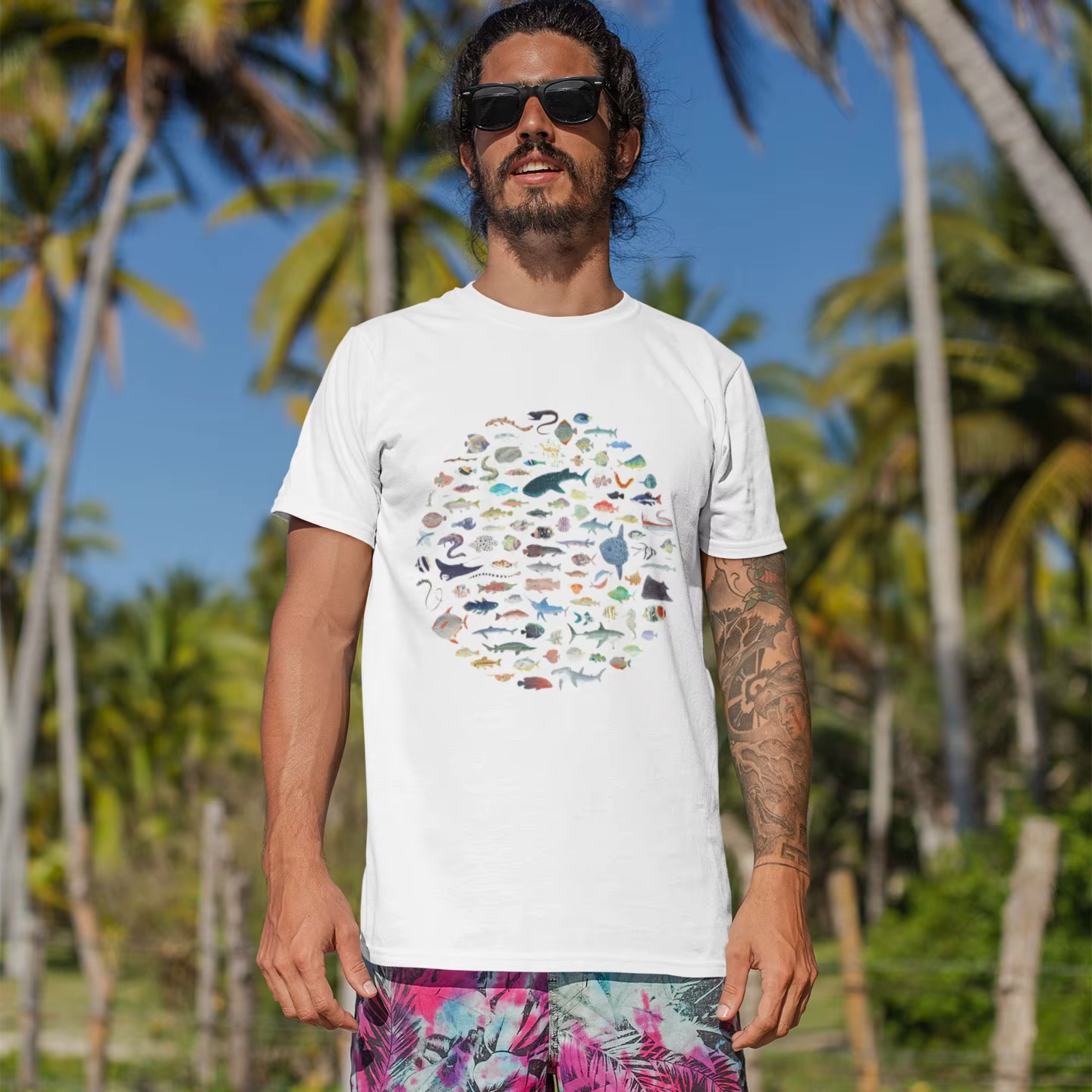 T-shirts pour hommes cent poissons océan vie Vintage 100% coton t-shirt à manches courtes plongée sous-marine