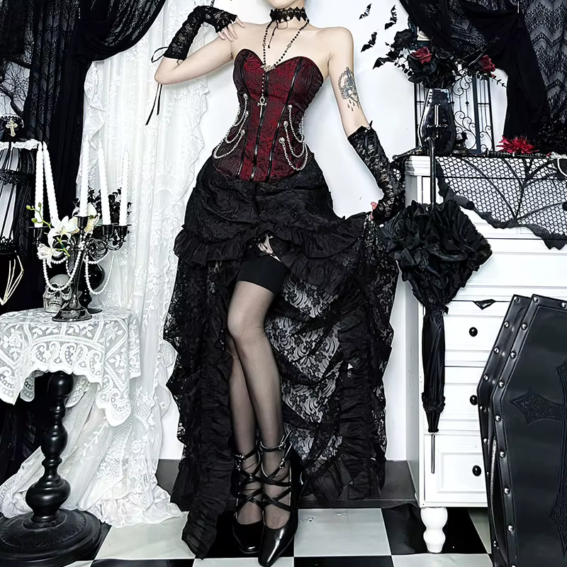 Nouveauté 2026 – Débardeur court vintage Y2K Dark Punk Grunge sans bretelles pour femme – Top bustier sexy ajouré style gothique pour l'été