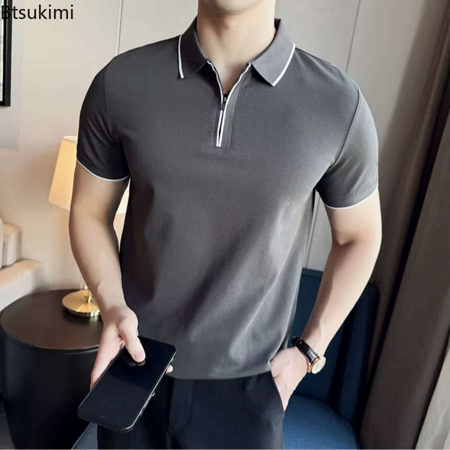 Hommes Polo été léger mince Style britannique solide décontracté coupe ajustée à manches courtes haut T-shirt mode