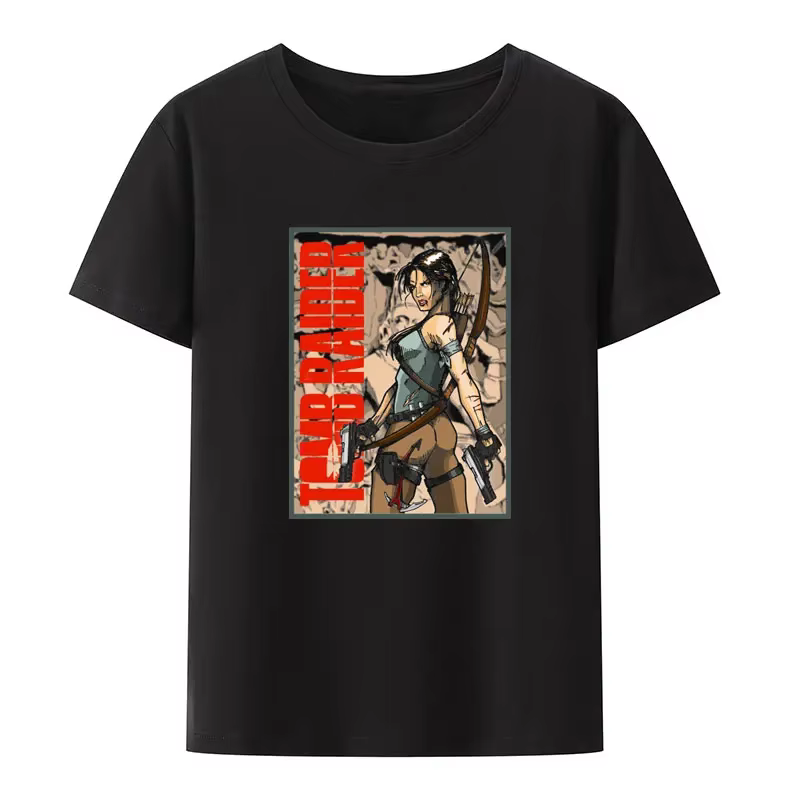 Tomb Raider Lara Croft noir blanc imprimé t-shirt hommes femmes à manches courtes col rond mode Streetwear créatif populaire Hipster chemise