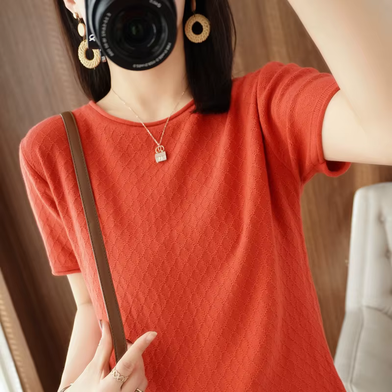 T-shirt femme printemps/été 100% coton pull à manches courtes décontracté roulé col rond dames hauts chemisier ample