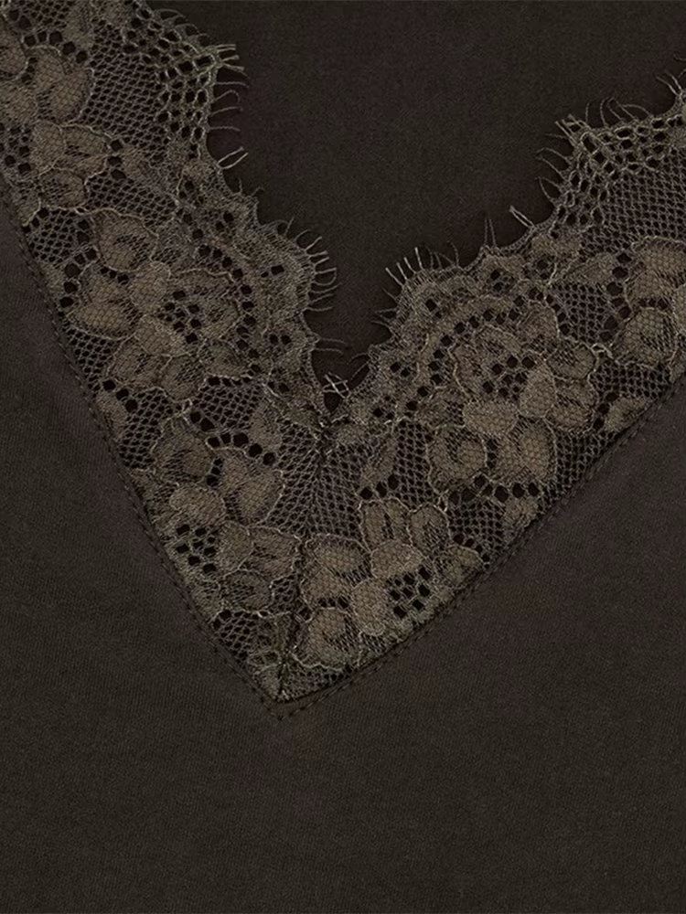 T-shirt à manches longues en dentelle à col en V pour femmes