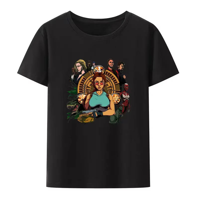 Tomb Raider Lara Croft noir blanc imprimé t-shirt hommes femmes à manches courtes col rond mode Streetwear créatif populaire Hipster chemise
