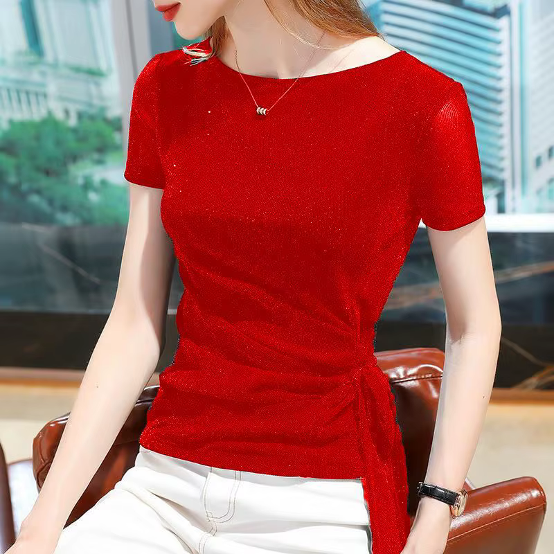 T-shirts élégants en gaze de soie brillante plissée à lacets pour femmes