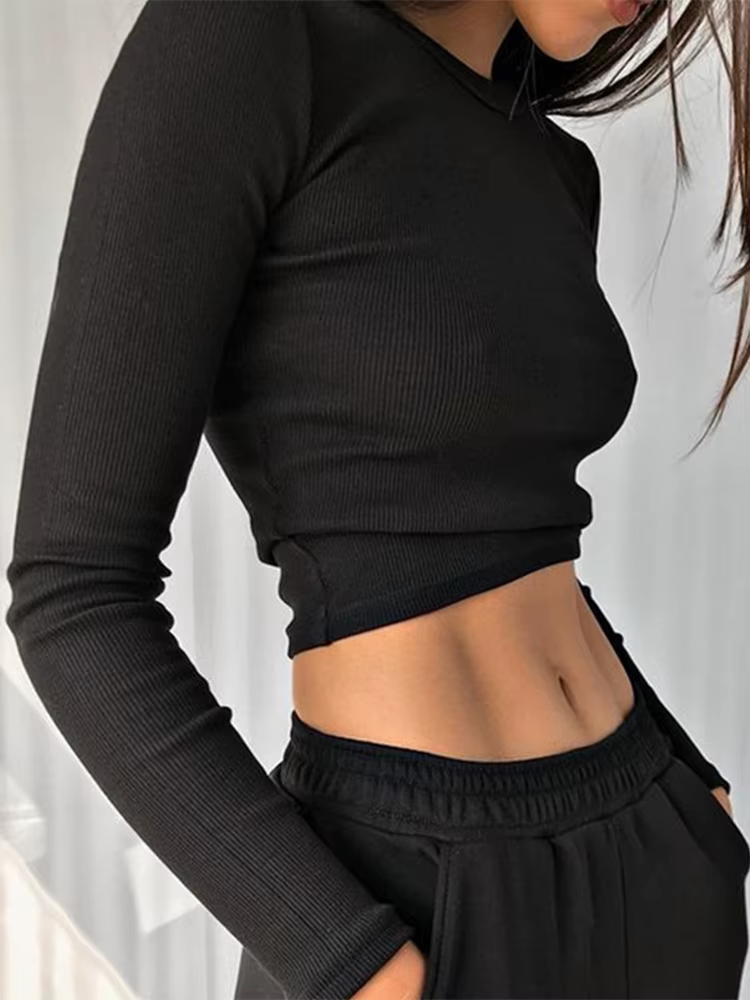 O cou à manches longues chemise femmes côtelé Sexy hauts courts 2022 printemps noir décontracté maigre mince basique femme t-shirts blanc