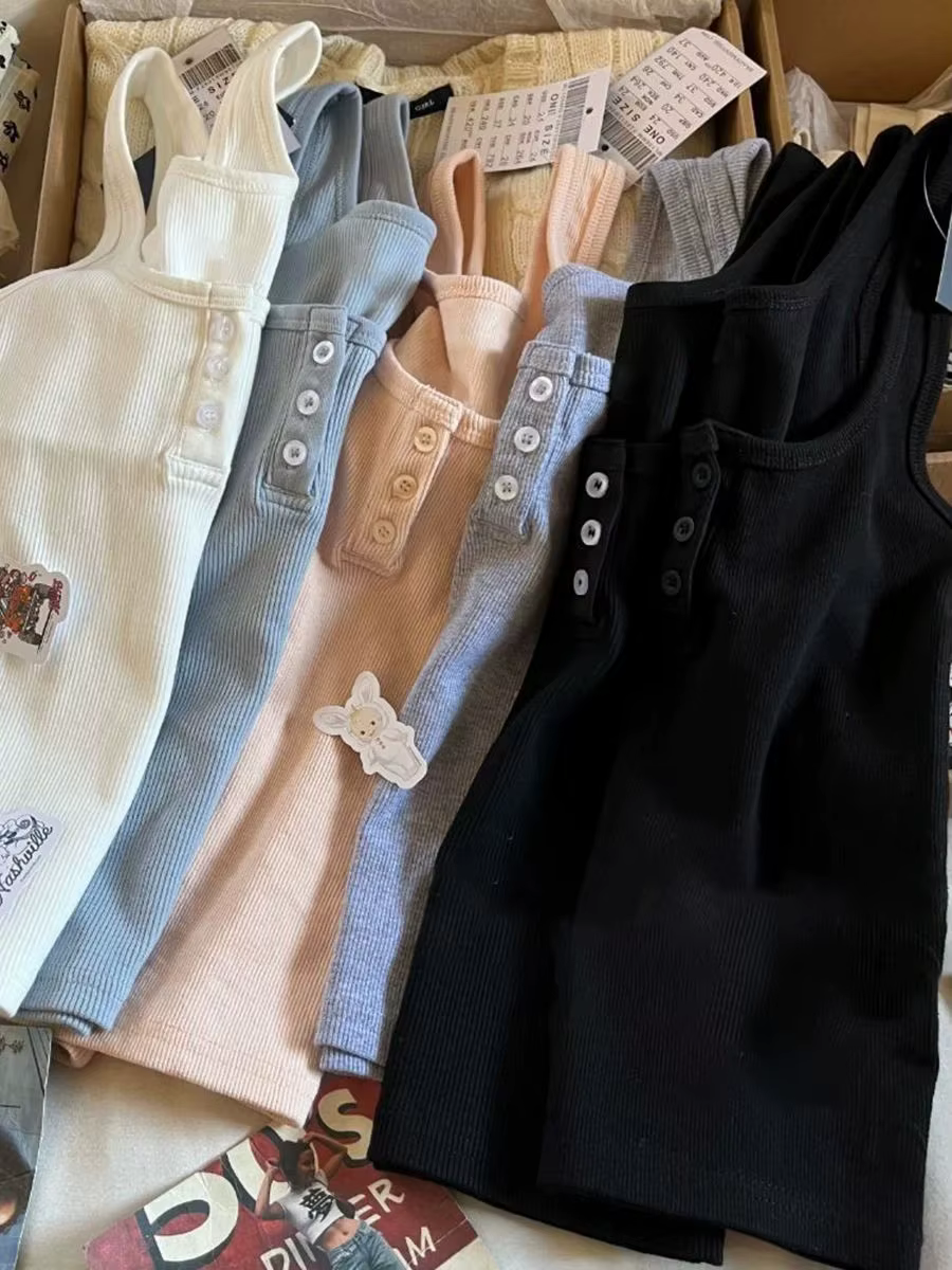 Débardeur côtelé slim femme été uni simple en coton à trois boutons sans manches décontracté vintage streetwear Y2K