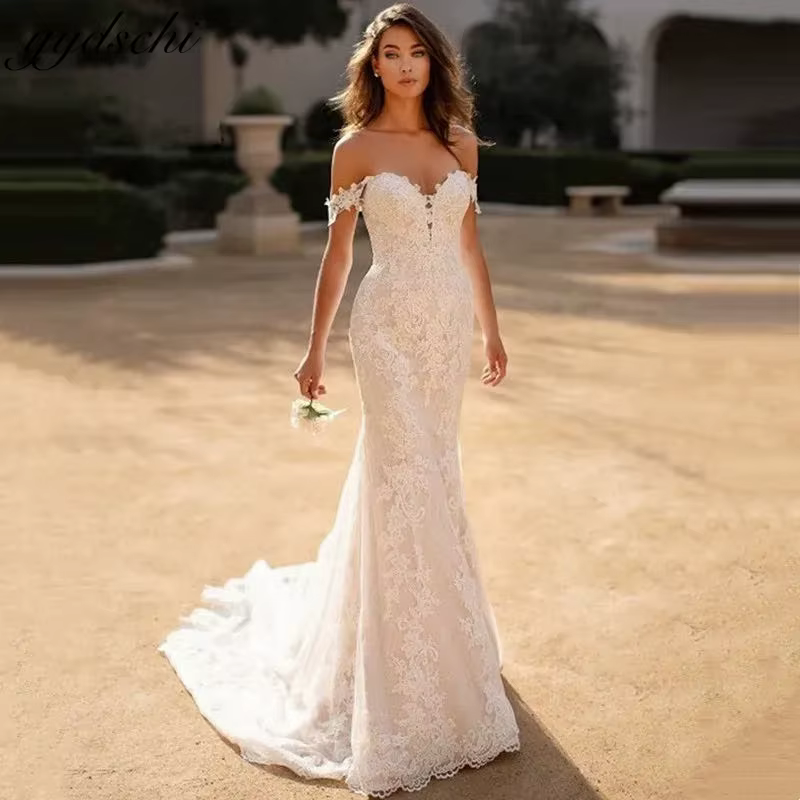 Robes de mariée élégantes pour femmes 2026, robes de mariée longues sirène, épaules dénudées, dos nu en tulle, dentelle, Vestidos De Novia