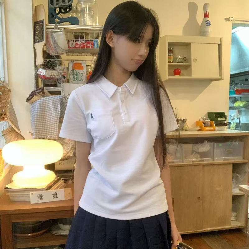 Deeptown basique broderie T-Shirts femmes à manches courtes col Polo Style japonais JK