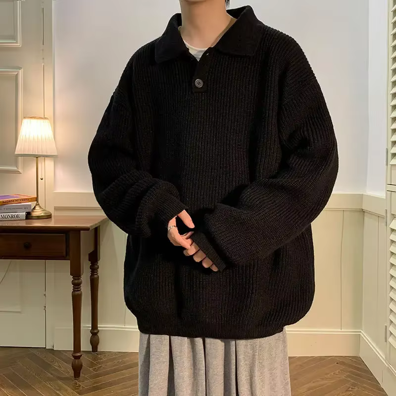 Japonais paresseux Style Polo col pull hommes rétro café surdimensionné tricoté