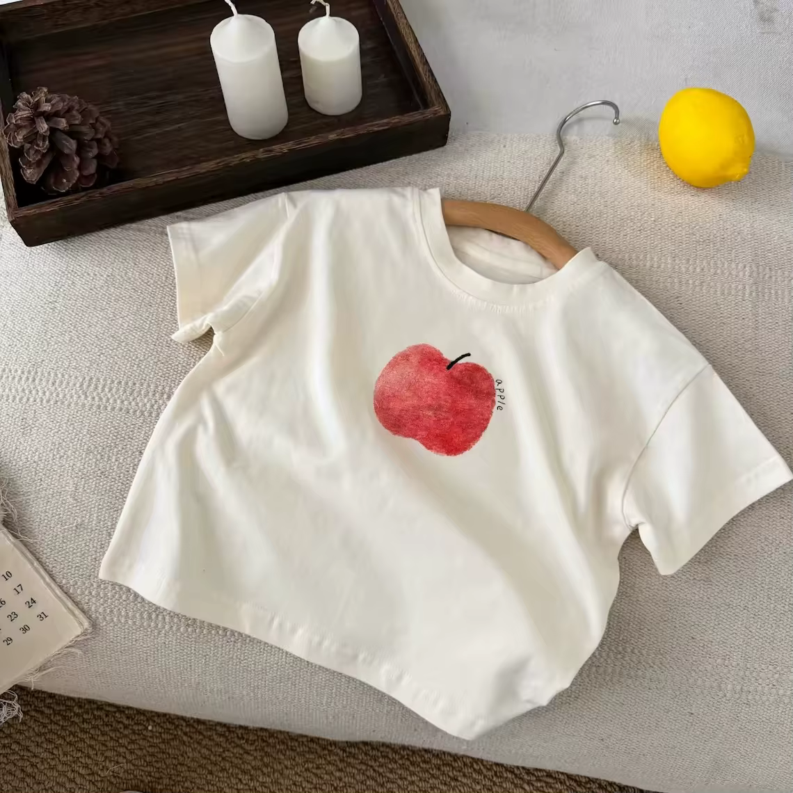 T-shirt Apple Banana pour garçons et filles, vêtements d'été mignons, col rond, haut en pur coton, t-shirts blancs et jaunes pour tout-petits