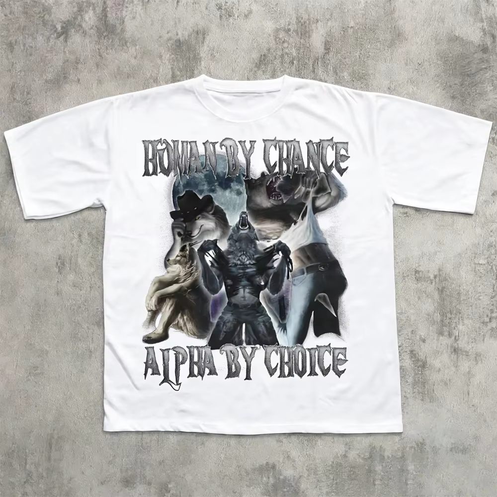 T-shirt drôle et ironique « Human By Chance Alpha By Choice » avec loup déchirant
