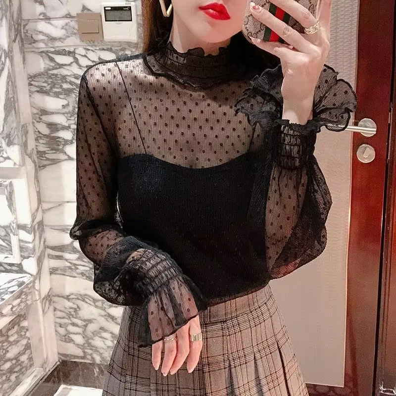 T-shirt sexy pour femme à col montant en maille