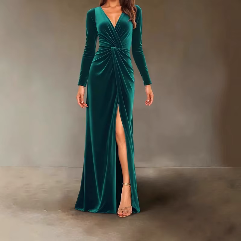 Robe de soirée en velours pour femmes, col en v, Slim, torsadé, taille haute, Sexy, couleur unie, plissée, robes trapèze, nouvelle collection automne hiver 2025