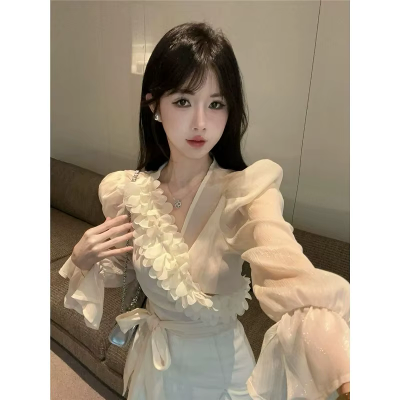 Chemise française en mousseline de soie à manches bouffantes pour femmes, petit haut français à col en v, pur désir, belles chemisiers, été