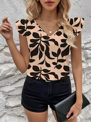 Haut à manches volantées imprimé feuilles beige et noir pour femme