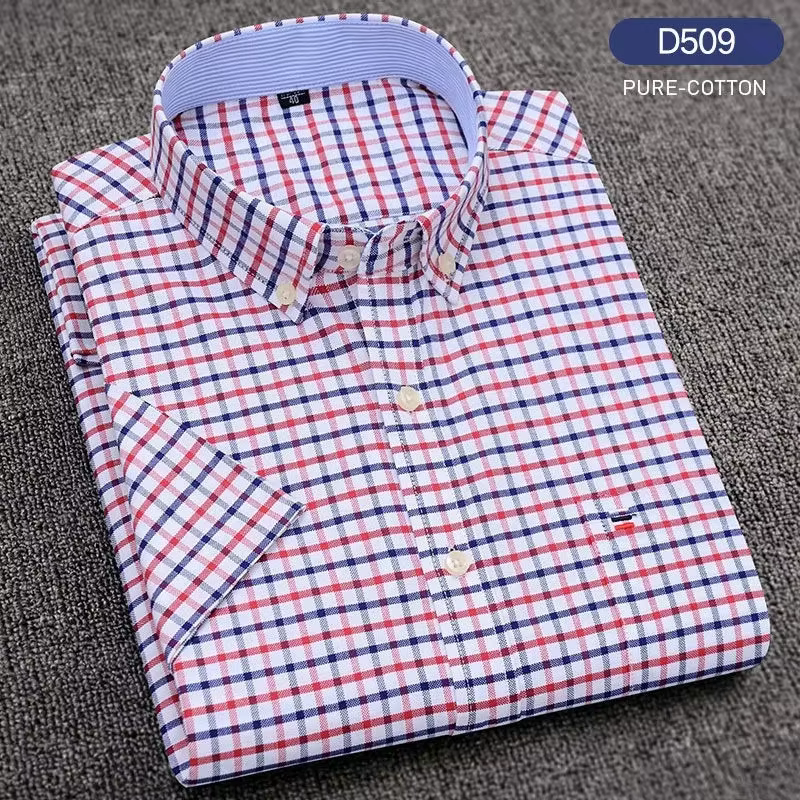 Chemises décontractées d'été pour hommes Oxford manches courtes col carré solide Plaid rayé poche unique chemise en coton confortable