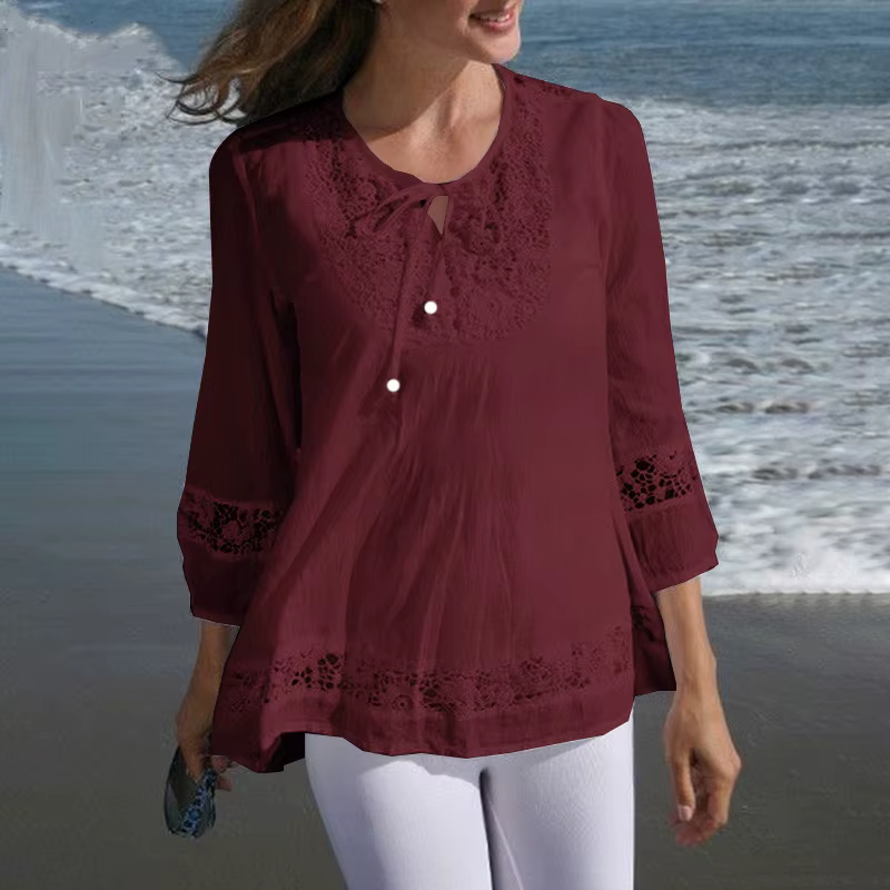 T-shirt à manches 3/4 en coton et lin pour femmes