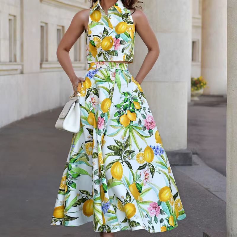 Ensemble 2 pièces élégant : Chemise sans manches à revers et boutons & Jupe longue taille haute imprimée avec poches – Tenue décontractée et tendance