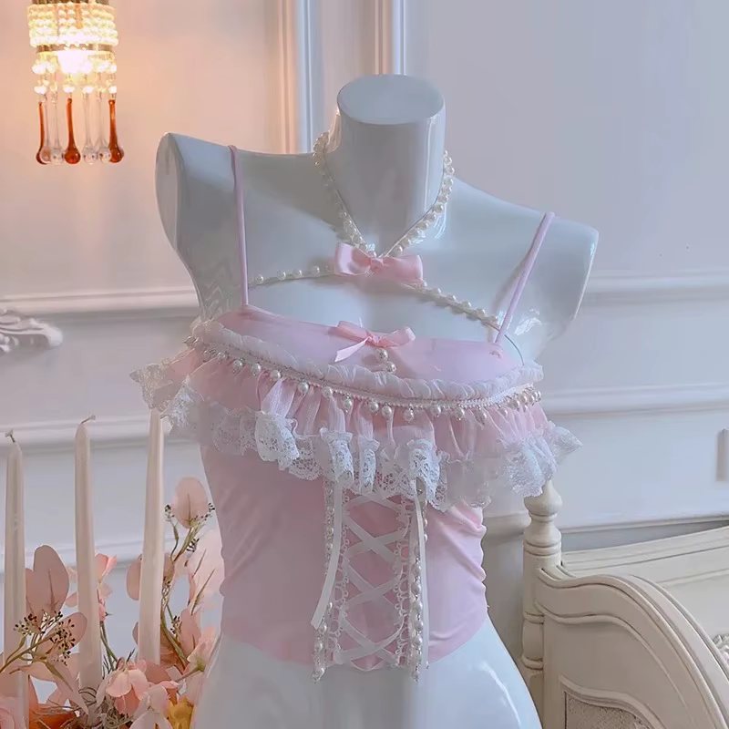 Haut court en dentelle en forme de cœur pour femmes, garniture mignonne, décoration de nœud, coupe couvertes, vêtements Sweet Girls, style Lolita Kawaii, été