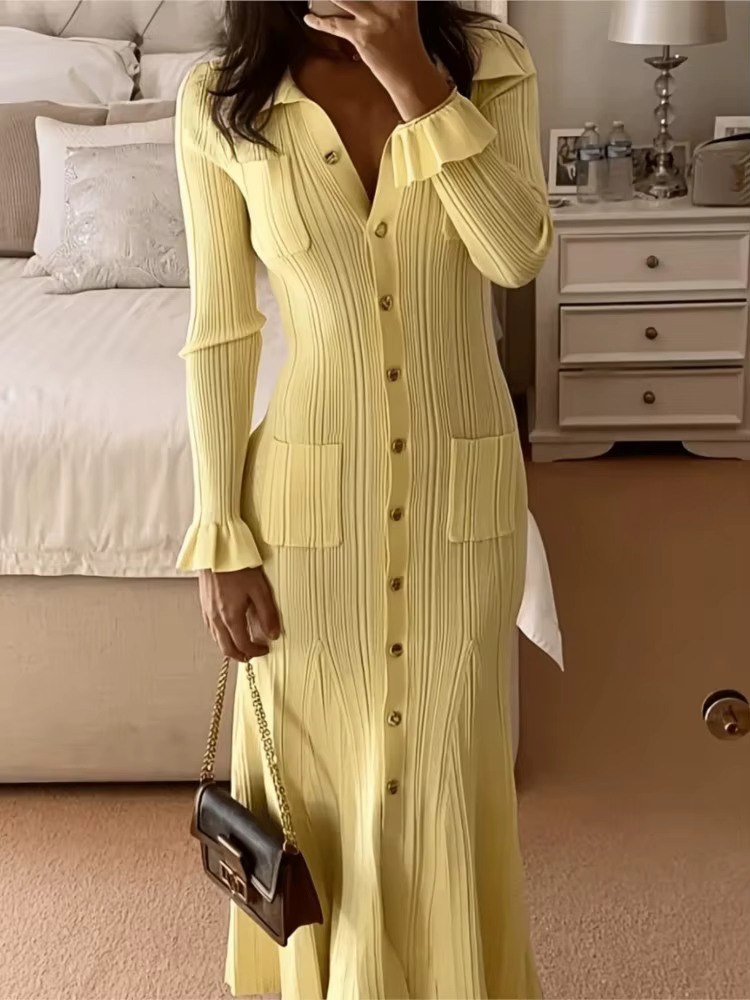 Robe tricotée élégante pour femmes, Slim, revers, manches évasées, poches, robes longues, couleur unie, à la mode, automne
