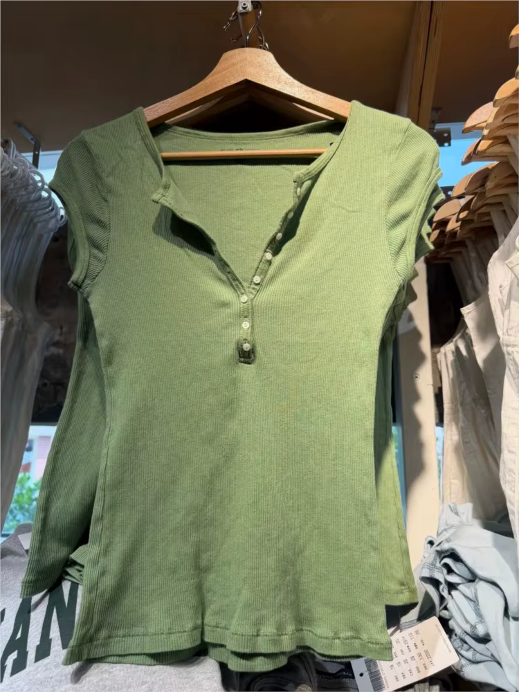 T-shirts slim Matcha Buttons pour femmes, été, décontracté, streetwear, côtelé, col rond, manches courtes, doux, simple, polyvalent, Y2K