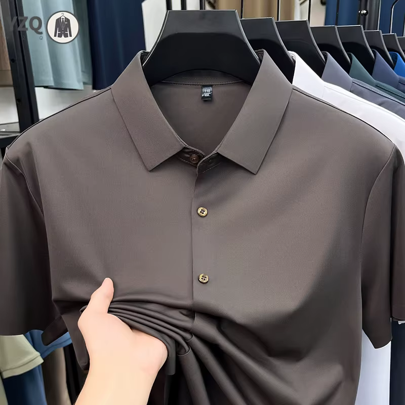 Chemise homme haut de gamme à manches courtes en soie glacée infroissable pour le bureau et le quotidien