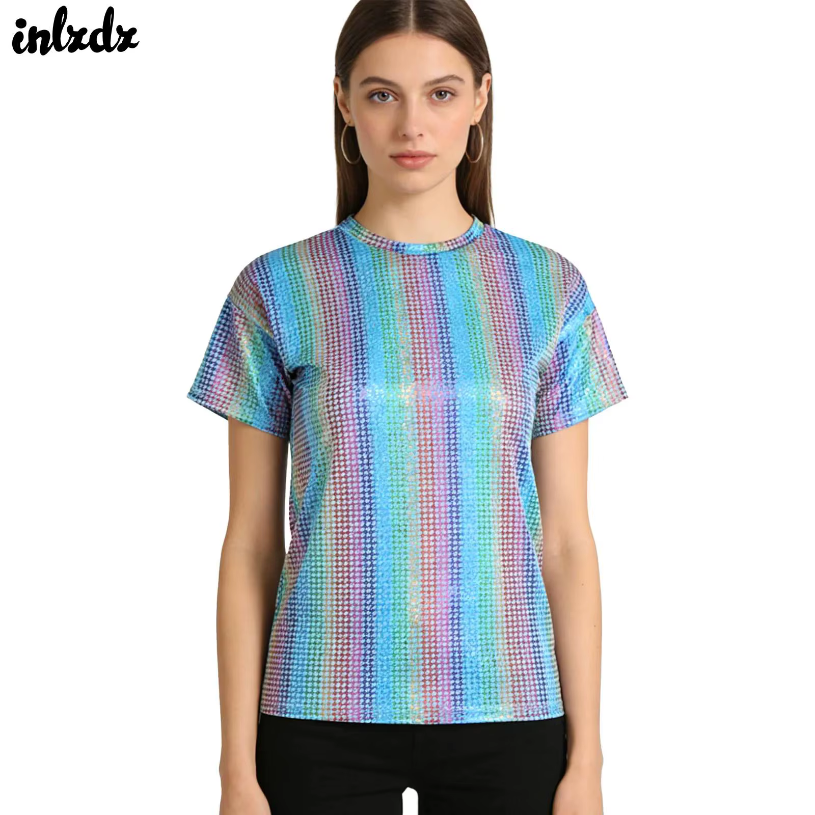 T-shirt à carreaux holographiques disco des années 80 pour femmes et hommes